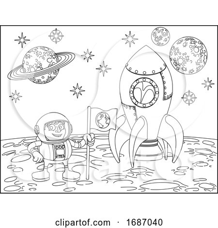 Rocket Astronaut and Planets Space Cartoon Scene by AtStockIllustration