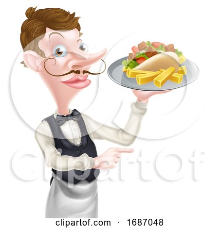 Cartoon Kebab and Chips Waiter Pointing by AtStockIllustration