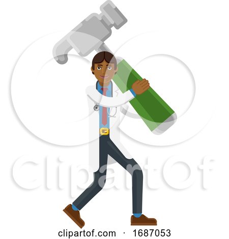 Asian Doctor Man Holding Hammer Mascot Concept by AtStockIllustration