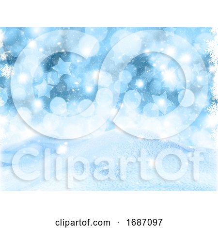 3D Snowy Landscape on Bokeh Lights and Stars Background by KJ Pargeter