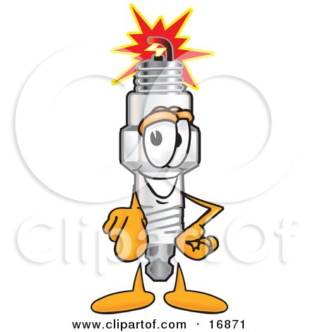 Clipart Picture of a Spark Plug Mascot Cartoon Character Pointing Outwards at the Viewer by Mascot Junction