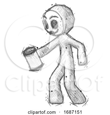 Sketch Little Anarchist Hacker Man Begger Holding Can Begging or Asking for Charity Facing Left by Leo Blanchette