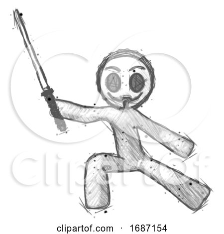 Sketch Little Anarchist Hacker Man with Ninja Sword Katana in Defense Pose by Leo Blanchette