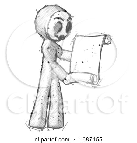 Sketch Little Anarchist Hacker Man Holding Blueprints or Scroll by Leo Blanchette
