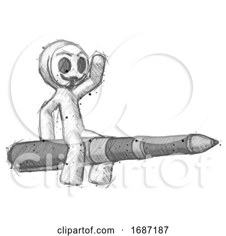 Sketch Little Anarchist Hacker Man Riding a Pen like a Giant Rocket by Leo Blanchette