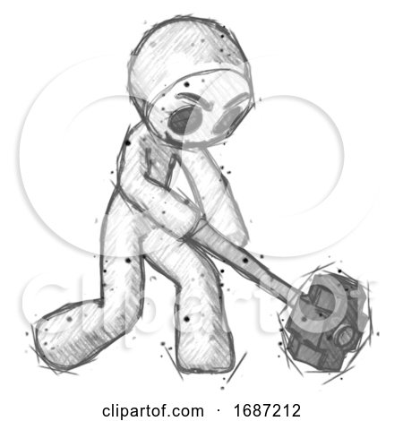 Sketch Little Anarchist Hacker Man Hitting with Sledgehammer, or Smashing Something at Angle by Leo Blanchette