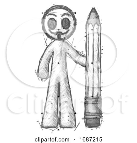 Sketch Little Anarchist Hacker Man with Large Pencil Standing Ready to Write by Leo Blanchette