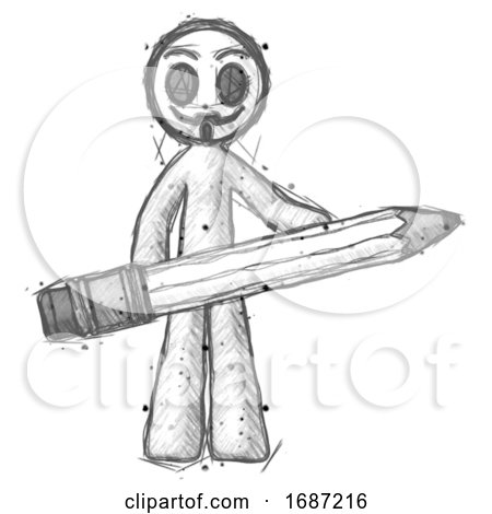 Sketch Little Anarchist Hacker Man Writer or Blogger Holding Large Pencil by Leo Blanchette