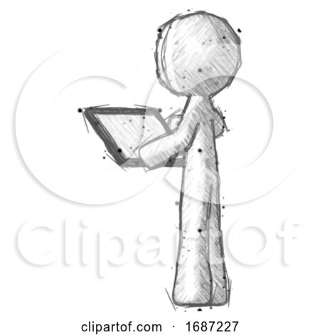 Sketch Little Anarchist Hacker Man Looking at Tablet Device Computer with Back to Viewer by Leo Blanchette