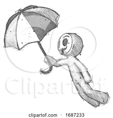 Sketch Little Anarchist Hacker Man Flying with Umbrella by Leo Blanchette