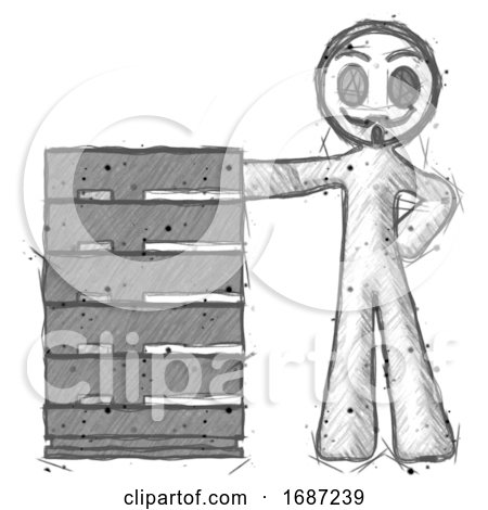 Sketch Little Anarchist Hacker Man with Server Rack Leaning Confidently Against It by Leo Blanchette