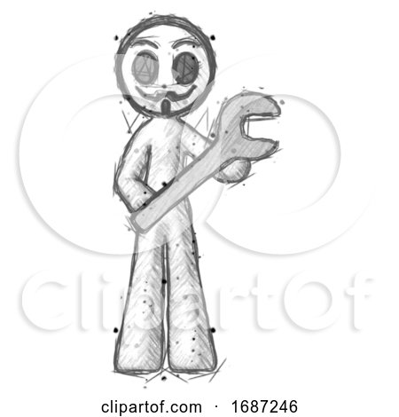 Sketch Little Anarchist Hacker Man Holding Large Wrench with Both Hands by Leo Blanchette