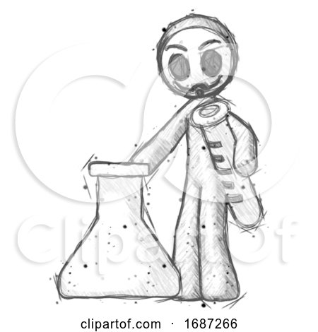 Sketch Little Anarchist Hacker Man Holding Test Tube Beside Beaker or Flask by Leo Blanchette