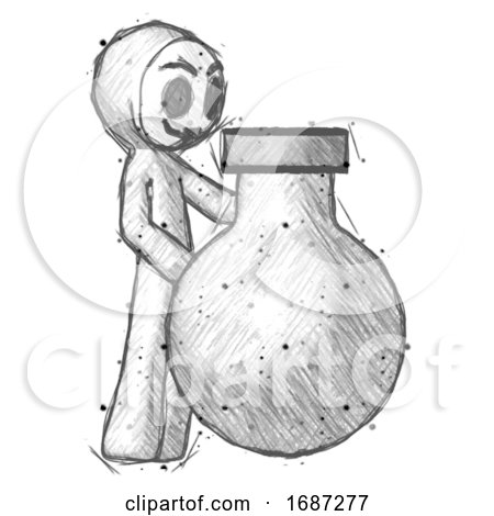 Sketch Little Anarchist Hacker Man Standing Beside Large Round Flask or Beaker by Leo Blanchette
