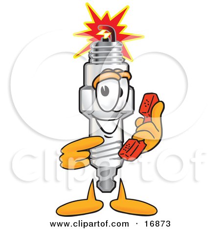 Clipart Picture of a Spark Plug Mascot Cartoon Character Holding and Pointing to a Red Phone by Mascot Junction