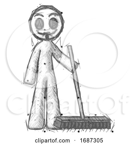Sketch Little Anarchist Hacker Man Standing with Industrial Broom by Leo Blanchette