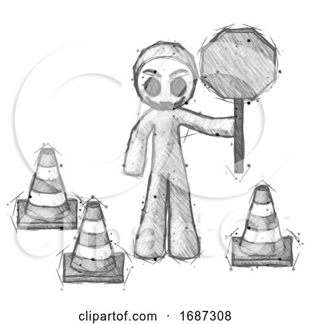 Sketch Little Anarchist Hacker Man Holding Stop Sign by Traffic Cones Under Construction Concept by Leo Blanchette