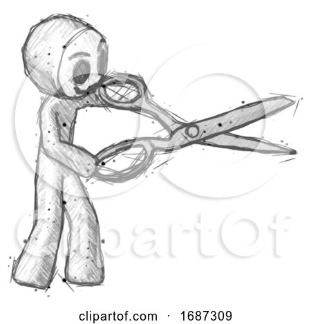 Sketch Little Anarchist Hacker Man Holding Giant Scissors Cutting out Something by Leo Blanchette