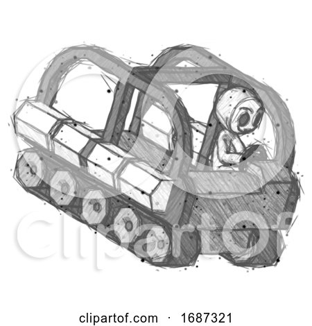 Sketch Little Anarchist Hacker Man Driving Amphibious Tracked Vehicle Top Angle View by Leo Blanchette