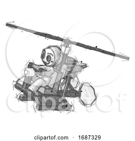 Sketch Little Anarchist Hacker Man Flying in Gyrocopter Front Side Angle Top View by Leo Blanchette