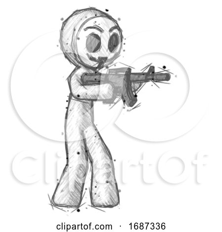 Sketch Little Anarchist Hacker Man Shooting Automatic Assault Weapon by Leo Blanchette