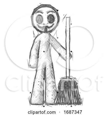 Sketch Little Anarchist Hacker Man Standing with Broom Cleaning Services by Leo Blanchette