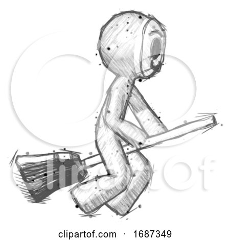 Sketch Little Anarchist Hacker Man Flying on Broom by Leo Blanchette