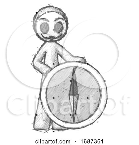 Sketch Little Anarchist Hacker Man Standing Beside Large Compass by Leo Blanchette