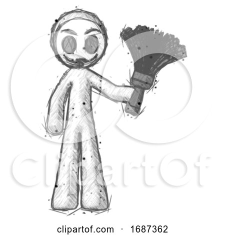 Sketch Little Anarchist Hacker Man Holding Feather Duster Facing Forward by Leo Blanchette