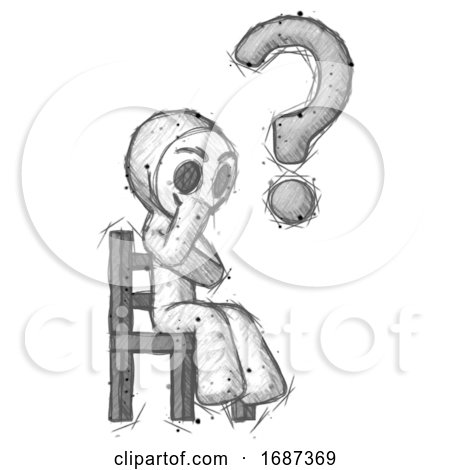 Sketch Little Anarchist Hacker Man Question Mark Concept, Sitting on Chair Thinking by Leo Blanchette