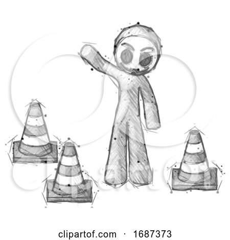 Sketch Little Anarchist Hacker Man Standing by Traffic Cones Waving by Leo Blanchette