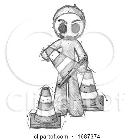 Sketch Little Anarchist Hacker Man Holding a Traffic Cone by Leo Blanchette