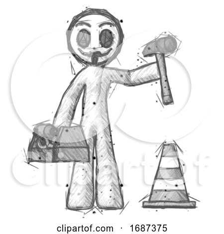 Sketch Little Anarchist Hacker Man Under Construction Concept, Traffic Cone and Tools by Leo Blanchette