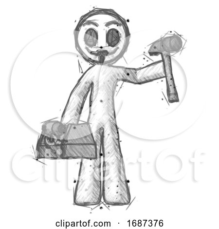 Sketch Little Anarchist Hacker Man Holding Tools and Toolchest Ready to Work by Leo Blanchette