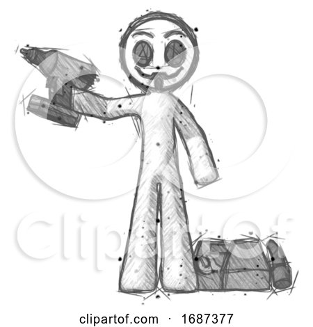 Sketch Little Anarchist Hacker Man Holding Drill Ready to Work, Toolchest and Tools to Right by Leo Blanchette