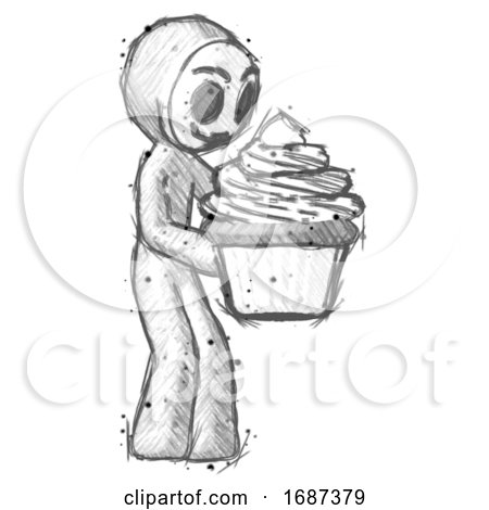 Sketch Little Anarchist Hacker Man Holding Large Cupcake Ready to Eat or Serve by Leo Blanchette