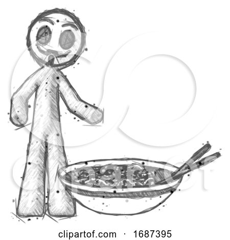 Sketch Little Anarchist Hacker Man and Noodle Bowl, Giant Soup Restaraunt Concept by Leo Blanchette