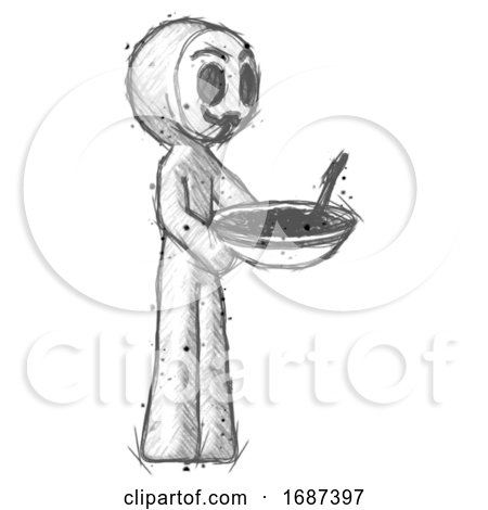 Sketch Little Anarchist Hacker Man Holding Noodles Offering to Viewer by Leo Blanchette