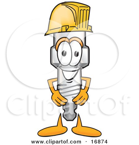 Clipart Picture of a Spark Plug Mascot Cartoon Character Wearing a Yellow Hardhat Helmet by Mascot Junction