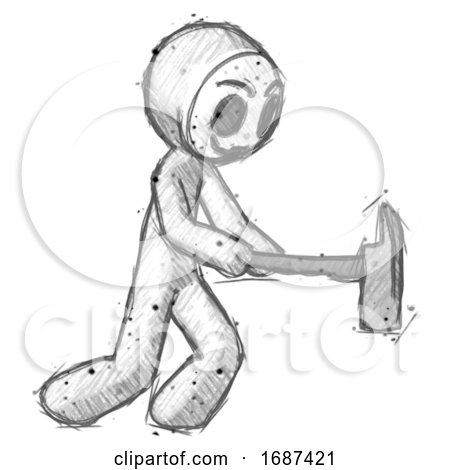 Sketch Little Anarchist Hacker Man with Ax Hitting, Striking, or Chopping by Leo Blanchette
