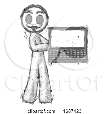 Sketch Little Anarchist Hacker Man Holding Laptop Computer Presenting Something on Screen by Leo Blanchette