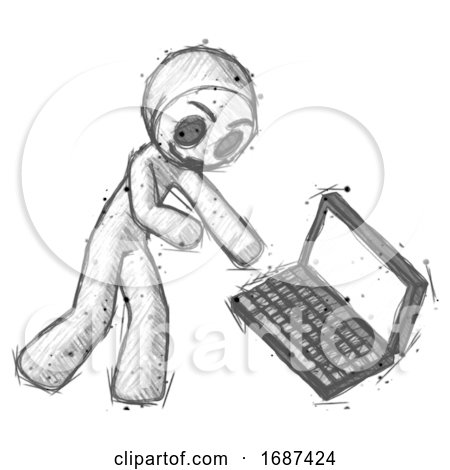 Sketch Little Anarchist Hacker Man Throwing Laptop Computer in Frustration by Leo Blanchette