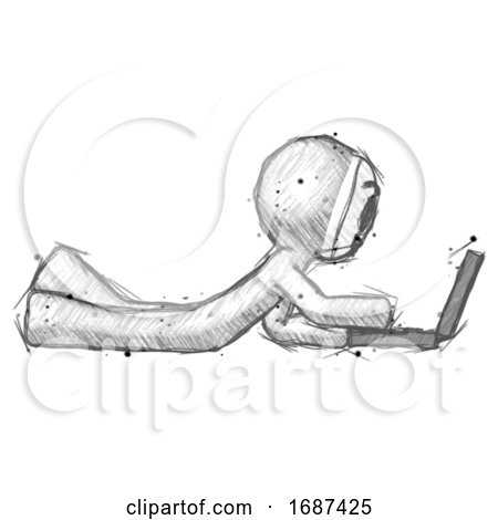 Sketch Little Anarchist Hacker Man Using Laptop Computer While Lying on Floor Side View by Leo Blanchette