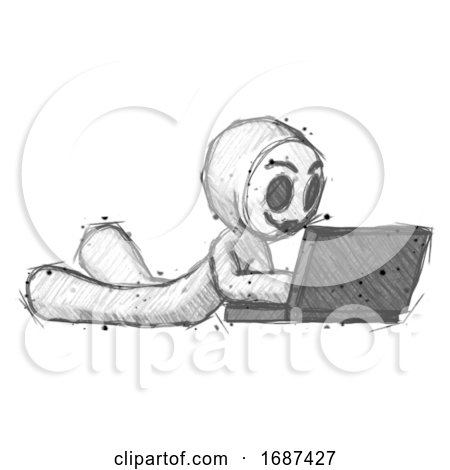 Sketch Little Anarchist Hacker Man Using Laptop Computer While Lying on Floor Side Angled View by Leo Blanchette