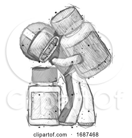 Sketch Football Player Man Holding Large White Medicine Bottle with Bottle in Background by Leo Blanchette