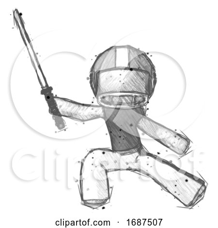 Sketch Football Player Man with Ninja Sword Katana in Defense Pose by Leo Blanchette