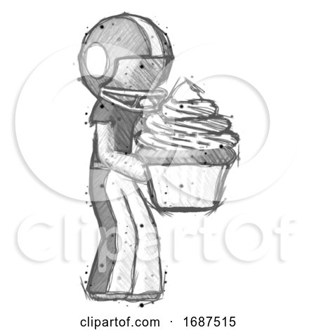 Sketch Football Player Man Holding Large Cupcake Ready to Eat or Serve by Leo Blanchette