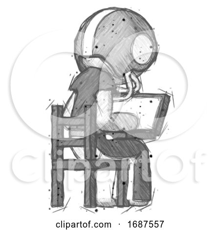 Sketch Football Player Man Using Laptop Computer While Sitting in Chair View from Back by Leo Blanchette