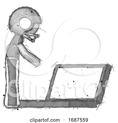 Sketch Football Player Man Using Large Laptop Computer Side Orthographic View by Leo Blanchette
