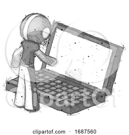 Sketch Football Player Man Using Large Laptop Computer by Leo Blanchette